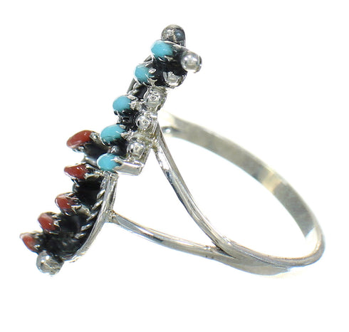 Turquoise And Coral Needlepoint Sterling Silver Ring Size 5-3/4 FX91950